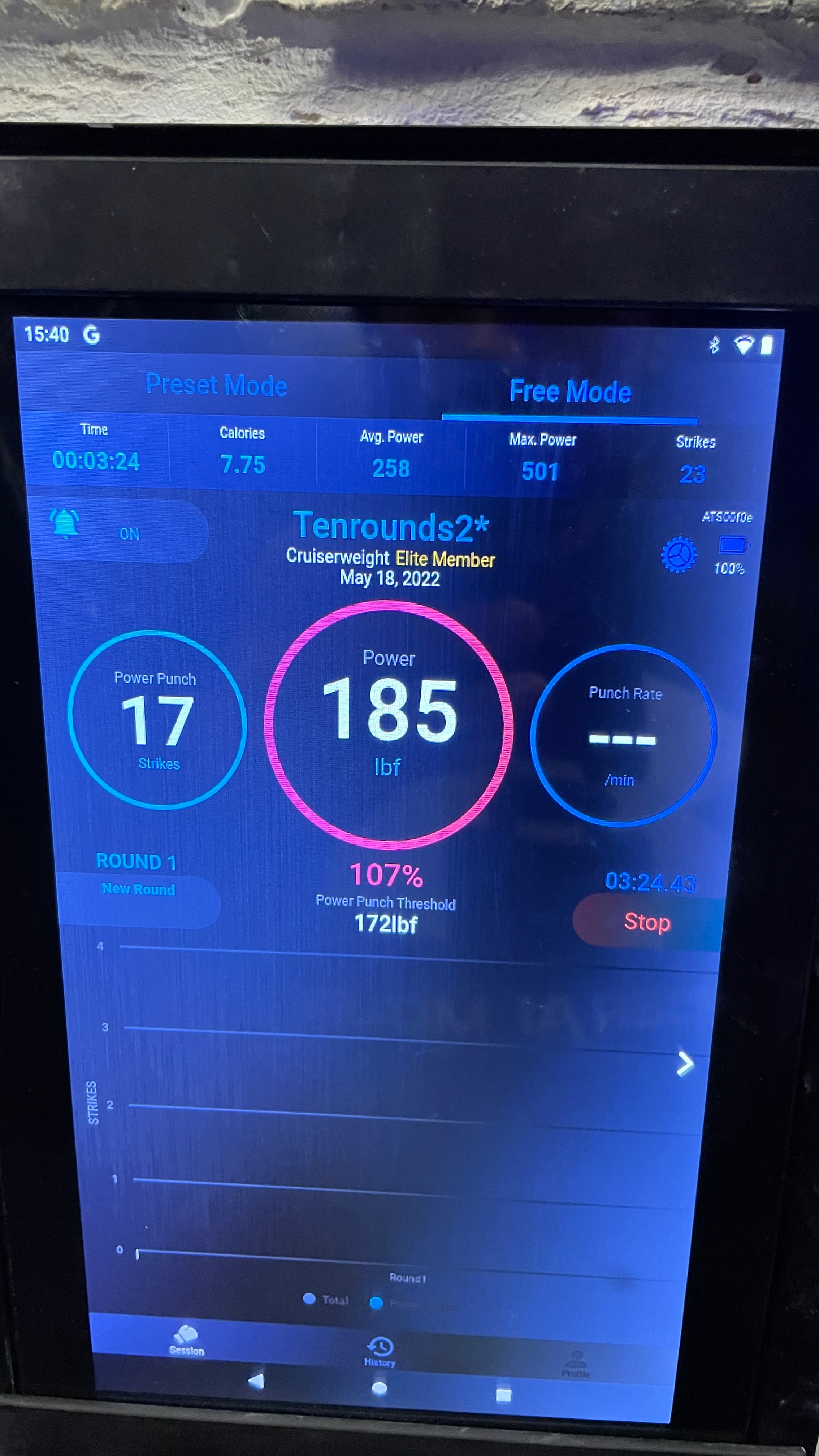 Smart boxing bag tablet displaying punch power and strike tracking at TENROUNDS