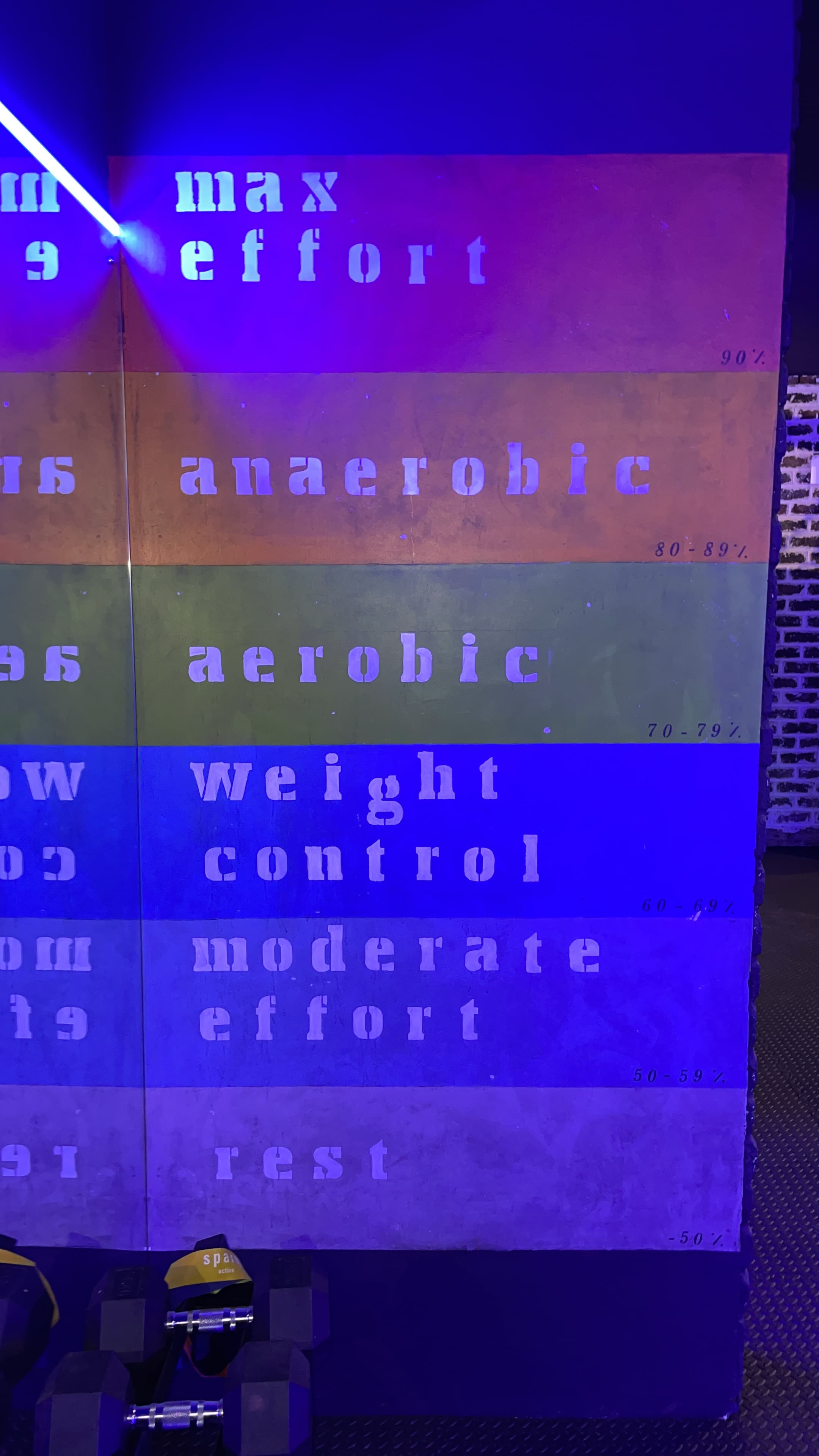 Heart-rate effort-zone wall showing max effort, anaerobic, aerobic and weight-control zones at TENROUNDS