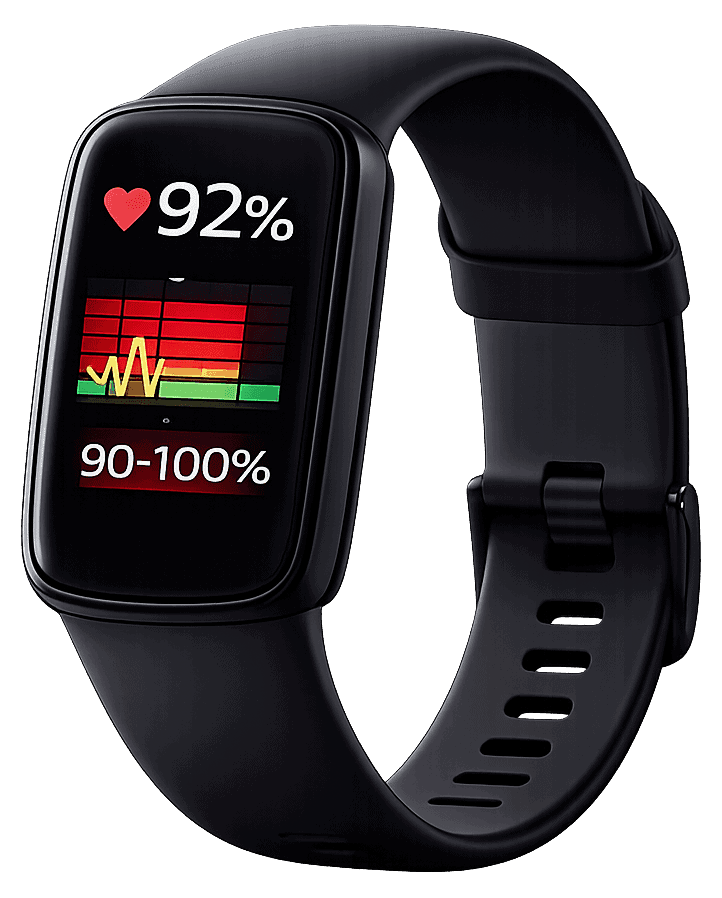 Fitness tracker displaying a live heart rate of 92 percent in the 90 to 100 percent zone