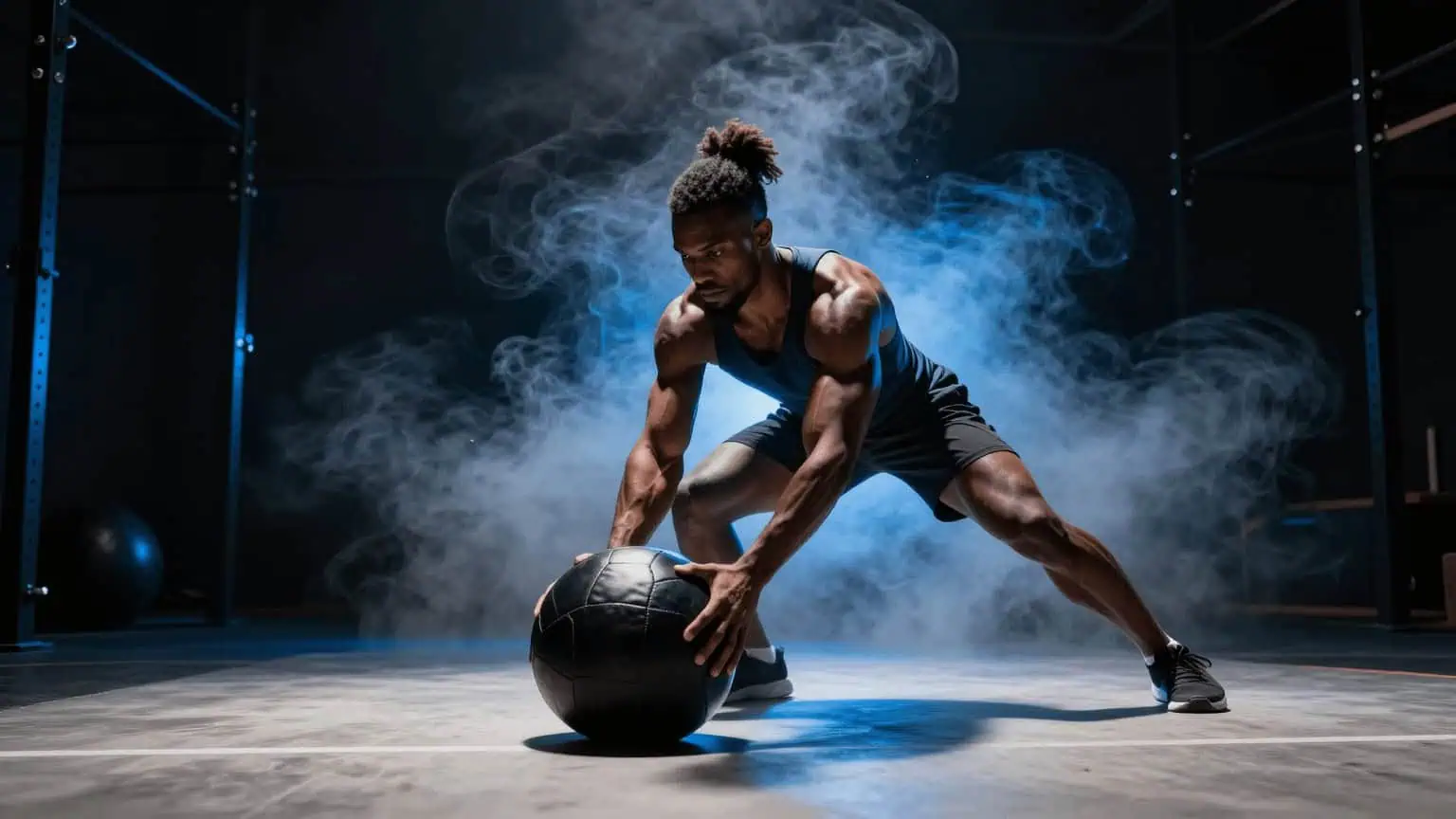 TENROUNDS athlete driving through a medicine-ball slam in a blue-lit training floor